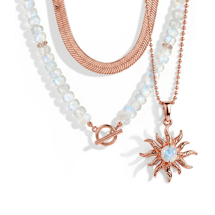 Moonstone Beads & Snake Chain & Star and Moon Necklace Set