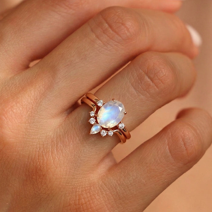 Oval Moonstone Bridal Ring Set