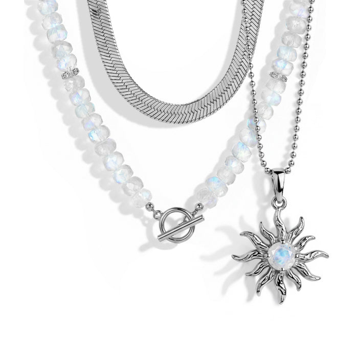 Moonstone Beads & Snake Chain & Star and Moon Necklace Set