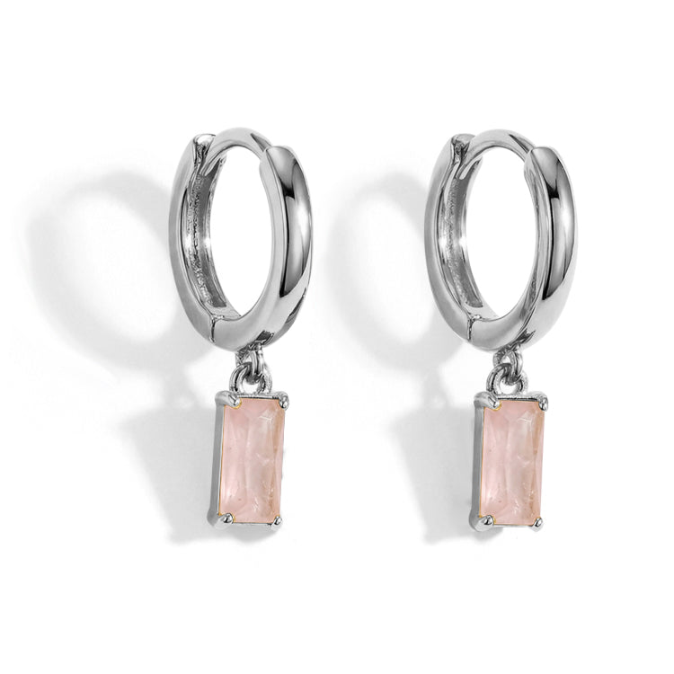 Rectangular Rose Quartz Hoop Earrings