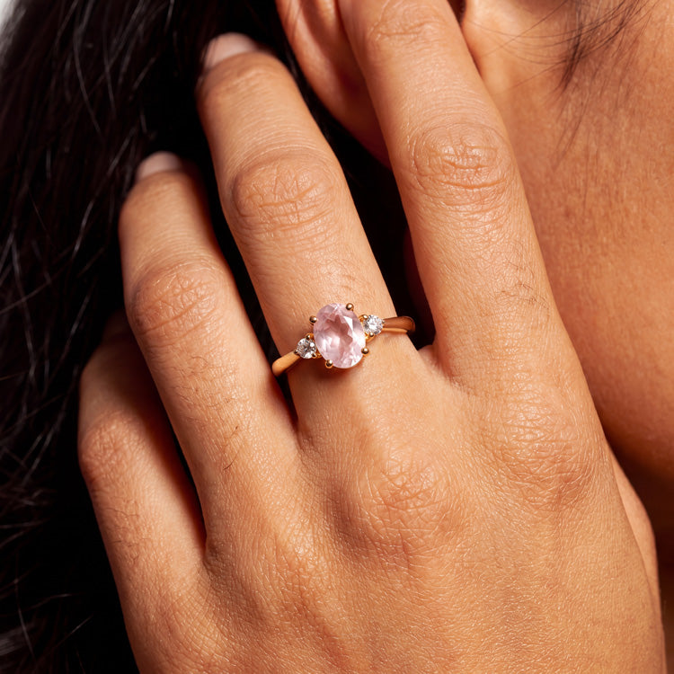 Rose Quartz Side Stone Solitaire Ring
