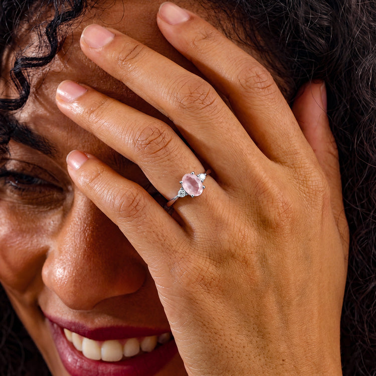 Rose Quartz Side Stone Solitaire Ring