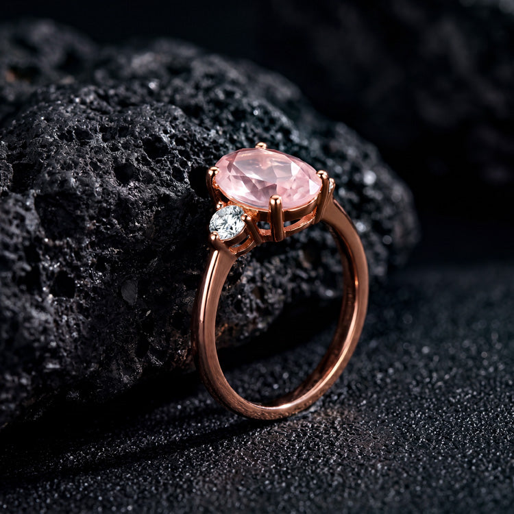 Rose Quartz Side Stone Solitaire Ring