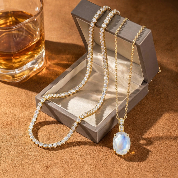 Zircon Chain & Moonstone Necklace - Oval