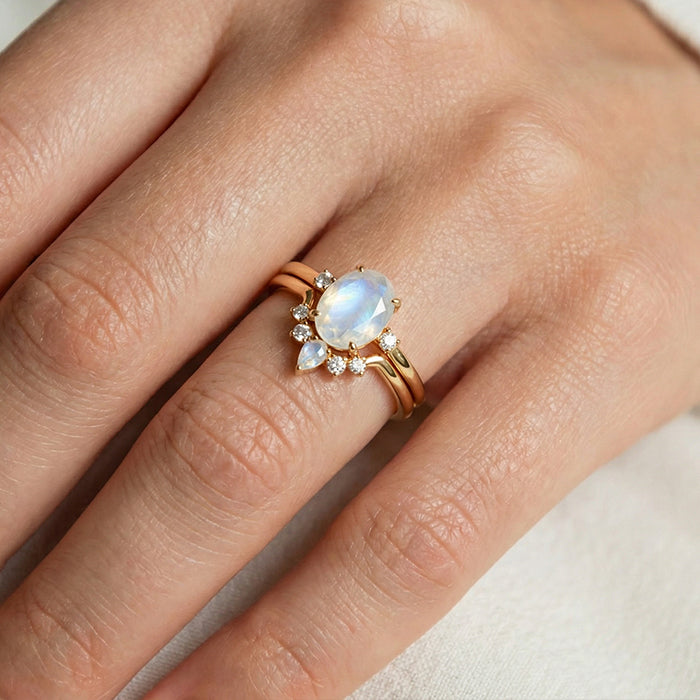 Oval Moonstone Bridal Ring Set