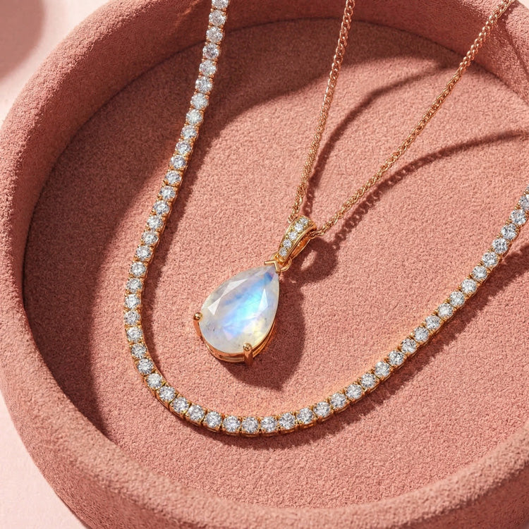 Zircon Chain & Moonstone Necklace - Pear