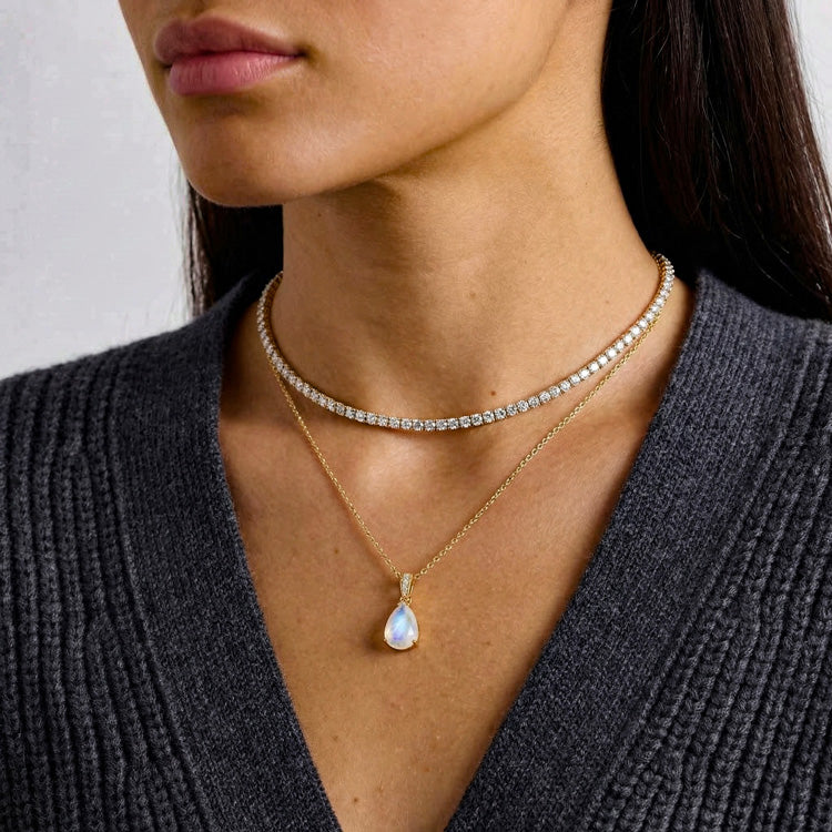 Zircon Chain & Moonstone Necklace - Pear