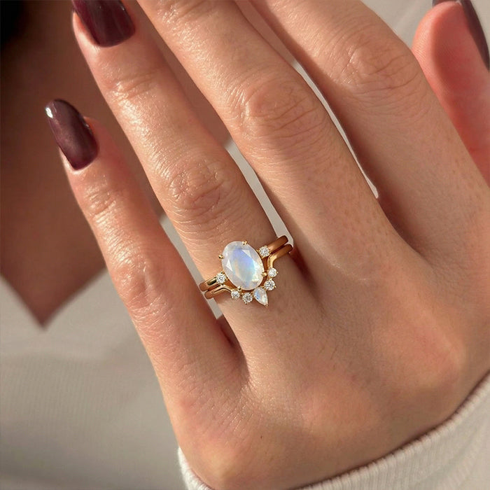 Oval Moonstone Bridal Ring Set