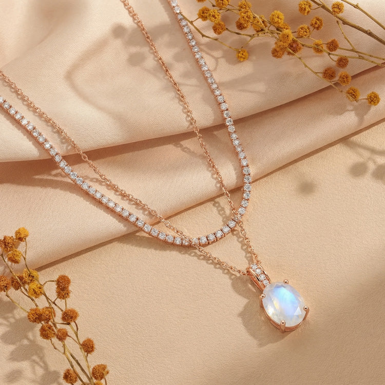Zircon Chain & Moonstone Necklace - Oval