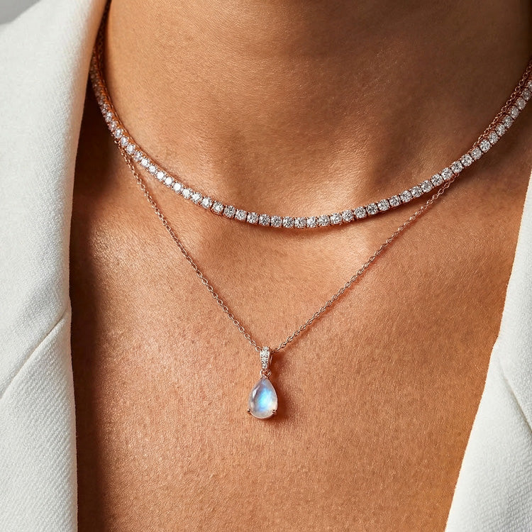 Zircon Chain & Moonstone Necklace - Pear