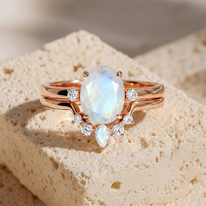Oval Moonstone Bridal Ring Set