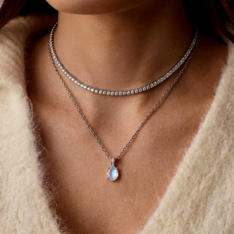 Zircon Chain & Moonstone Necklace - Oval