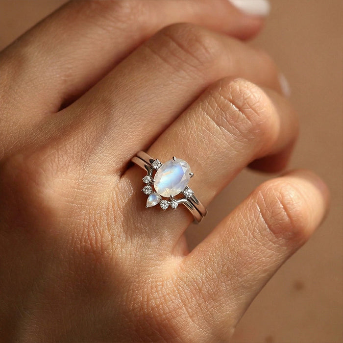 Oval Moonstone Bridal Ring Set