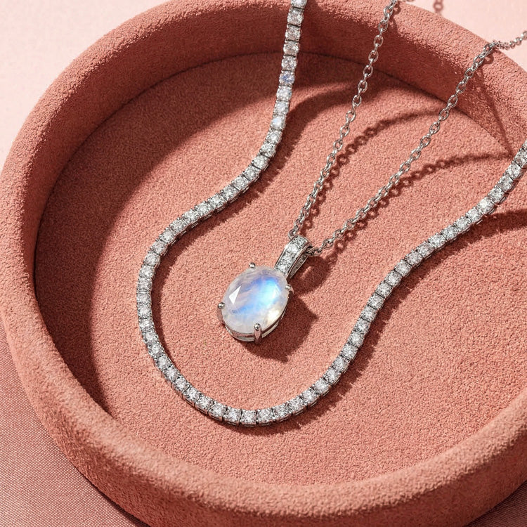 Zircon Chain & Moonstone Necklace - Oval