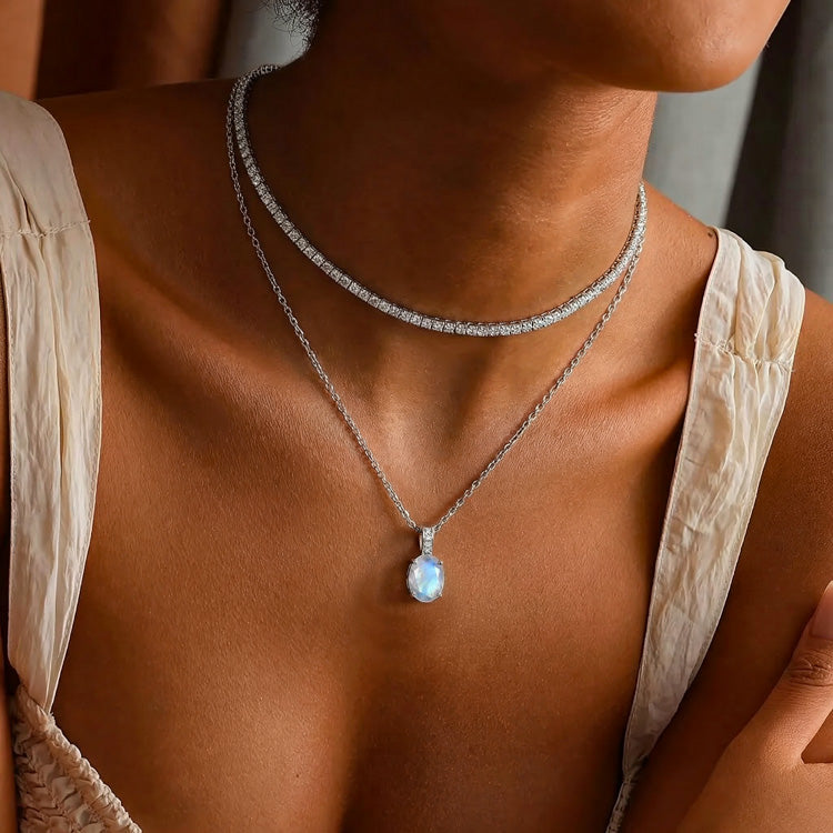 Zircon Chain & Moonstone Necklace - Oval