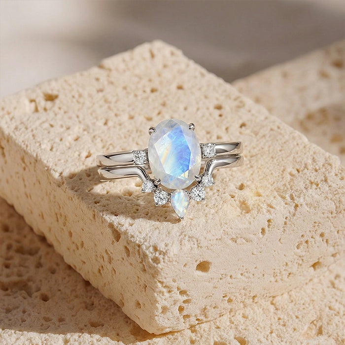 Oval Moonstone Bridal Ring Set